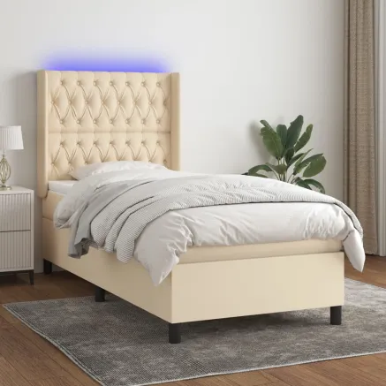 Sommier à lattes de lit matelas et LED Crème 90x200 cm Tissu