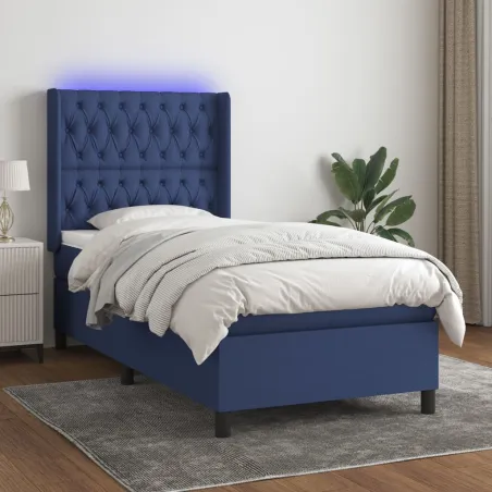 Sommier à lattes de lit matelas et LED Bleu 90x200 cm Tissu