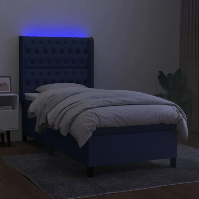 Sommier à lattes de lit matelas et LED Bleu 90x200 cm Tissu