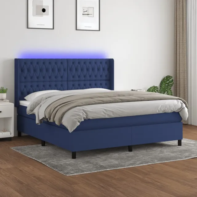 Sommier à lattes de lit matelas et LED Bleu 160x200 cm Tissu