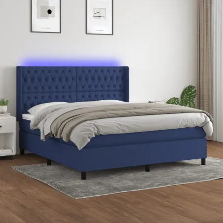 Sommier à lattes de lit matelas et LED Bleu 160x200 cm Tissu
