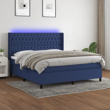 Sommier à lattes de lit matelas et LED Bleu 180x200 cm Tissu