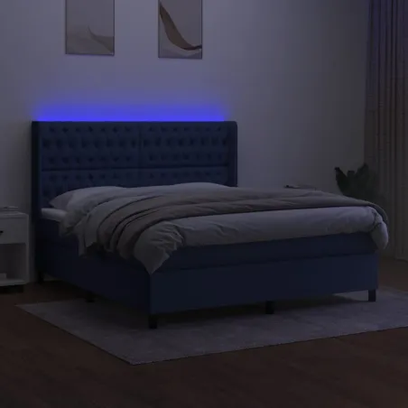 Sommier à lattes de lit matelas et LED Bleu 180x200 cm Tissu