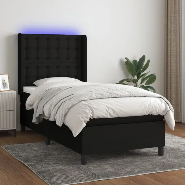 Sommier à lattes de lit matelas et LED Noir 90x200 cm Tissu