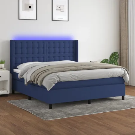 Sommier à lattes de lit matelas et LED Bleu 160x200 cm Tissu
