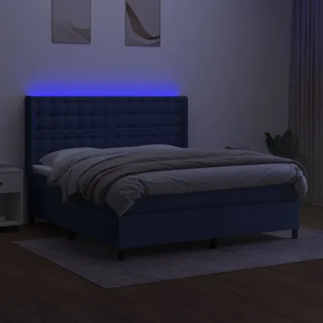 Sommier à lattes de lit matelas et LED Bleu 160x200 cm Tissu