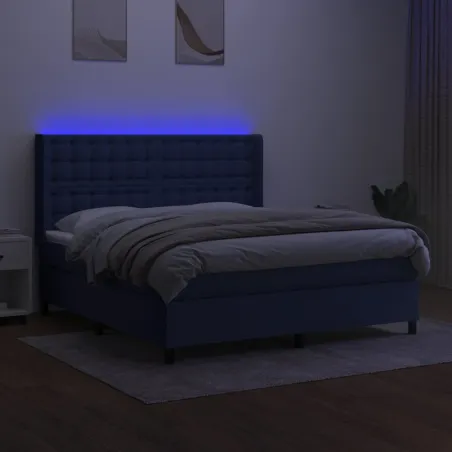 Sommier à lattes de lit matelas et LED Bleu 180x200 cm Tissu