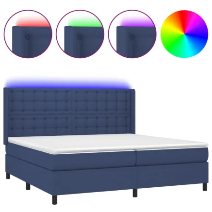 Sommier à lattes de lit matelas et LED Bleu 200x200 cm Tissu 2