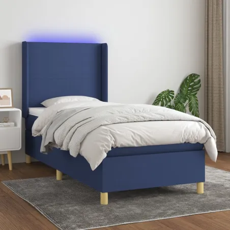 Sommier à lattes de lit matelas et LED Bleu 90x190 cm Tissu