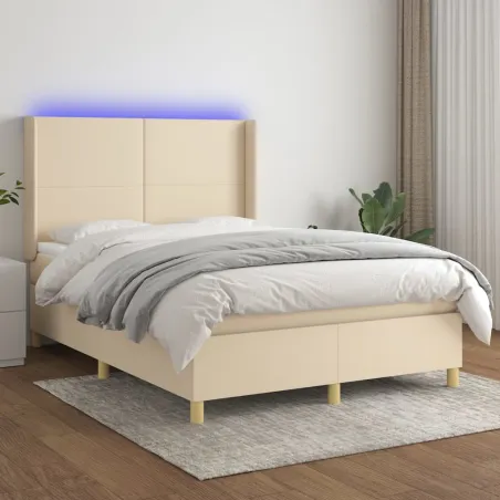 Sommier à lattes de lit matelas et LED Crème 140x200 cm Tissu