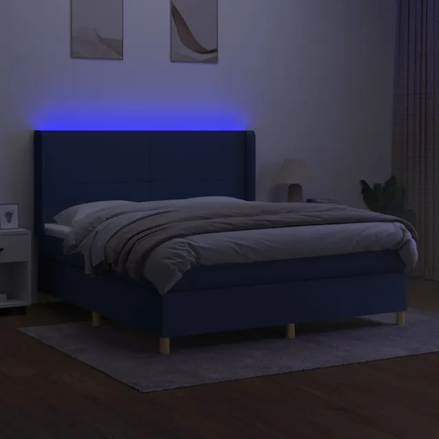 Sommier à lattes de lit matelas et LED Bleu 180x200 cm Tissu