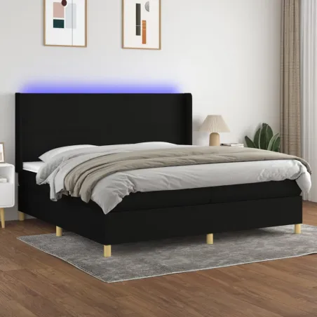 Sommier à lattes de lit matelas et LED Noir 200x200 cm Tissu