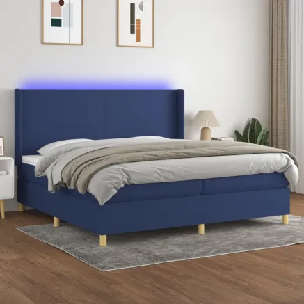 Sommier à lattes de lit matelas et LED Bleu 200x200 cm Tissu