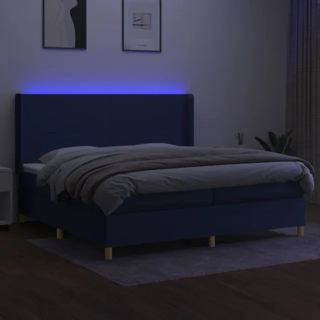 Sommier à lattes de lit matelas et LED Bleu 200x200 cm Tissu