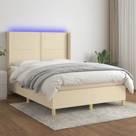 Sommier à lattes de lit matelas et LED Crème 140x200 cm Tissu