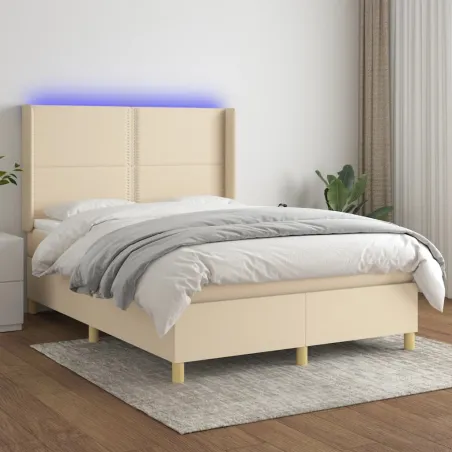 Sommier à lattes de lit matelas et LED Crème 140x200 cm Tissu