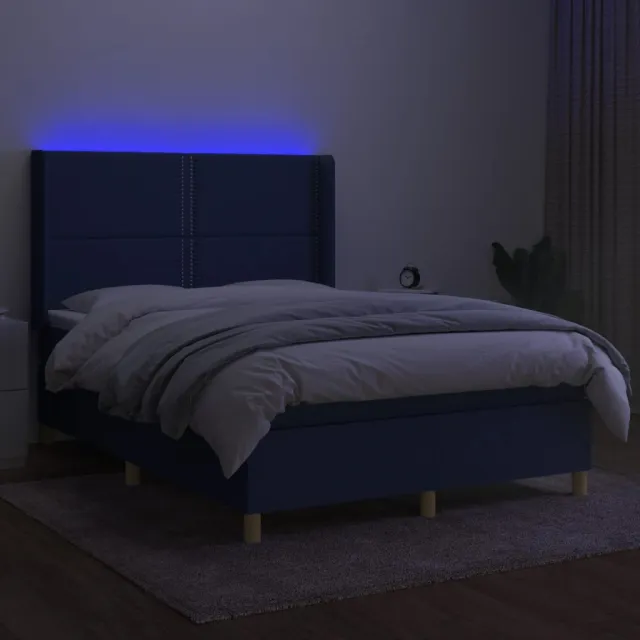 Sommier à lattes de lit matelas et LED Bleu 140x200 cm Tissu