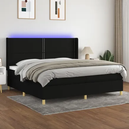 Sommier à lattes de lit matelas et LED Noir 200x200 cm Tissu