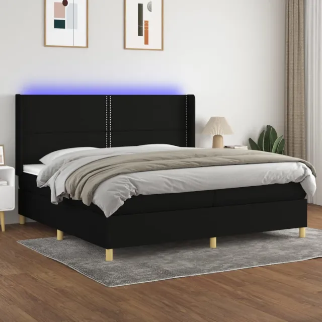 Sommier à lattes de lit matelas et LED Noir 200x200 cm Tissu