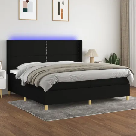 Sommier à lattes de lit matelas et LED Noir 200x200 cm Tissu