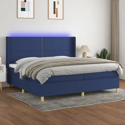 Sommier à lattes de lit matelas et LED Bleu 200x200 cm Tissu