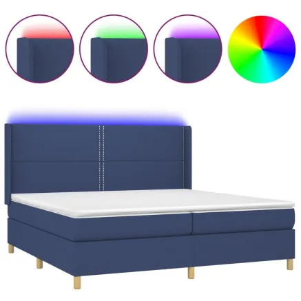 Sommier à lattes de lit matelas et LED Bleu 200x200 cm Tissu 2