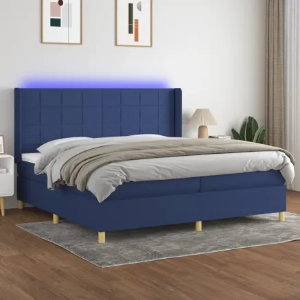 Sommier à lattes de lit et matelas et LED Bleu 200x200 cm Tissu