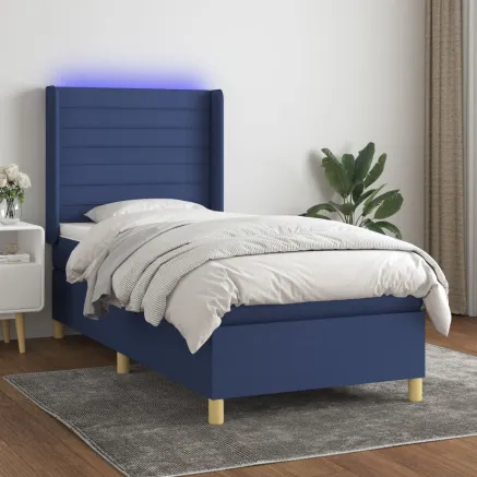 Sommier à lattes de lit matelas et LED Bleu 90x200 cm Tissu
