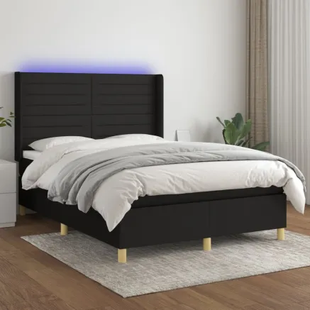 Sommier à lattes de lit matelas et LED Noir 140x190 cm Tissu