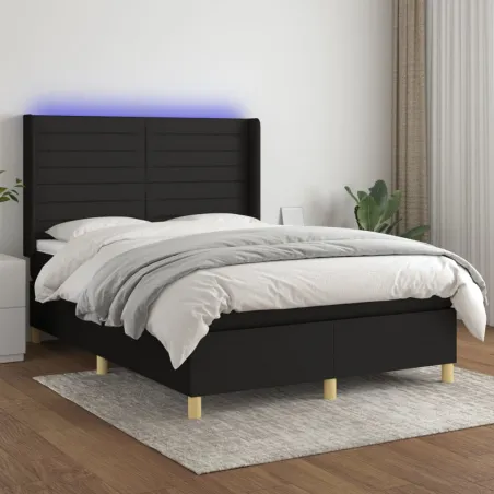 Sommier à lattes de lit matelas et LED Noir 140x190 cm Tissu