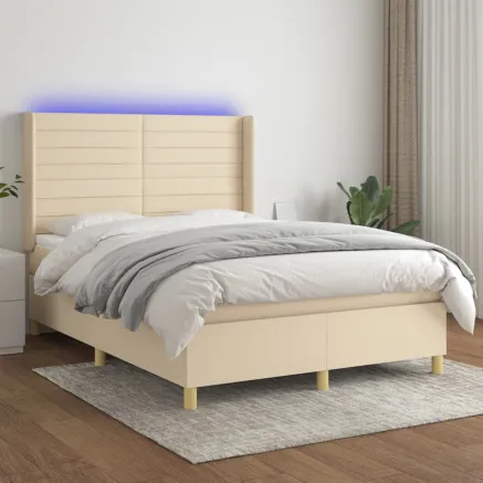 Sommier à lattes de lit matelas et LED Crème 140x200 cm Tissu