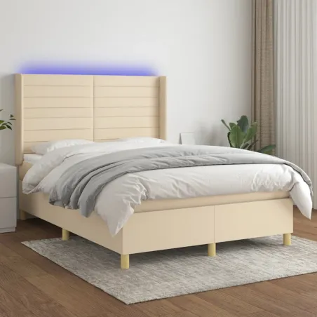 Sommier à lattes de lit matelas et LED Crème 140x200 cm Tissu