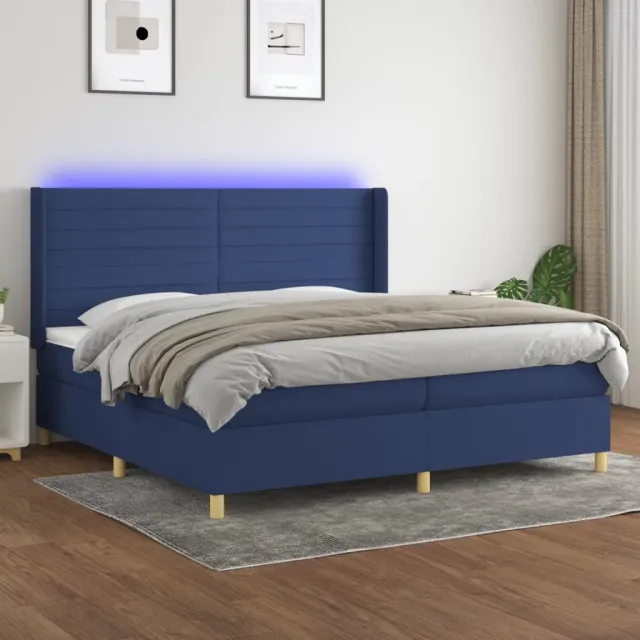 Sommier à lattes de lit et matelas et LED Bleu 200x200 cm Tissu