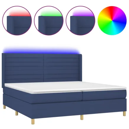 Sommier à lattes de lit et matelas et LED Bleu 200x200 cm Tissu 2