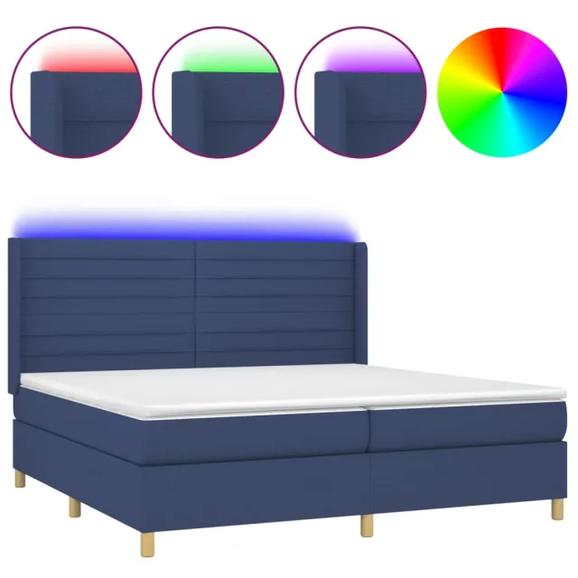 Sommier à lattes de lit et matelas et LED Bleu 200x200 cm Tissu