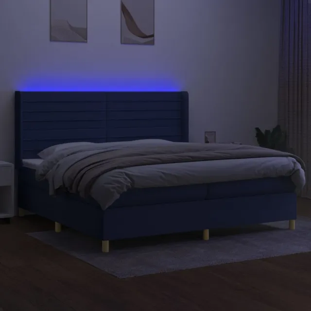 Sommier à lattes de lit et matelas et LED Bleu 200x200 cm Tissu