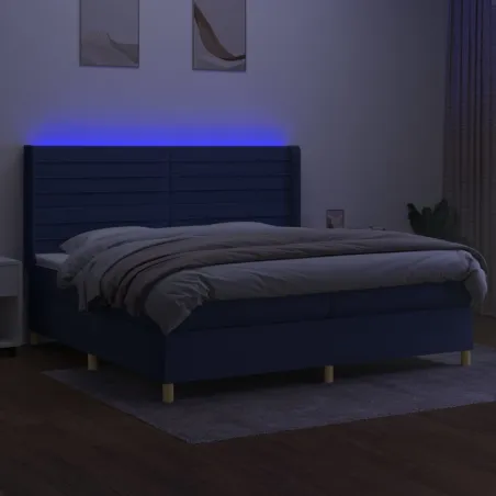 Sommier à lattes de lit et matelas et LED Bleu 200x200 cm Tissu