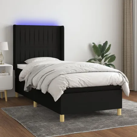 Sommier à lattes de lit matelas et LED Noir 90x190 cm Tissu