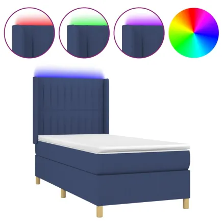 Sommier à lattes de lit matelas et LED Bleu 90x200 cm Tissu 2