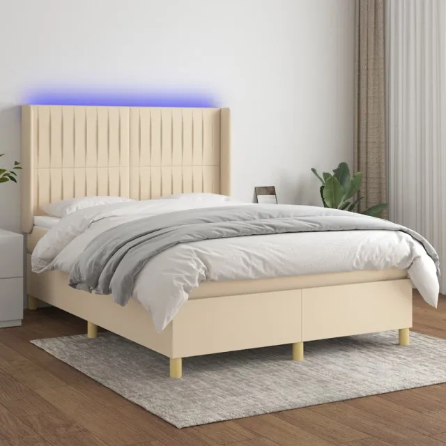 Sommier à lattes de lit matelas et LED Crème 140x200 cm Tissu