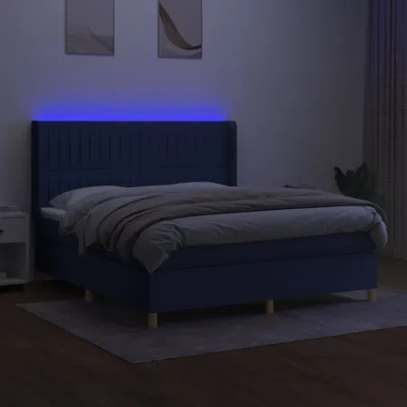 Sommier à lattes de lit matelas et LED Bleu 160x200 cm Tissu