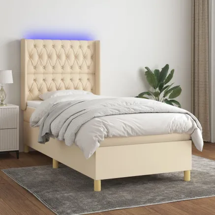 Sommier à lattes de lit matelas et LED Crème 90x190 cm Tissu