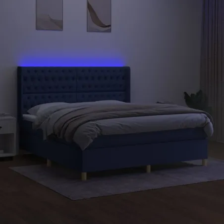 Sommier à lattes de lit matelas et LED Bleu 160x200 cm Tissu