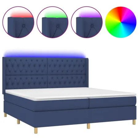 Sommier à lattes de lit matelas et LED Bleu 200x200 cm Tissu