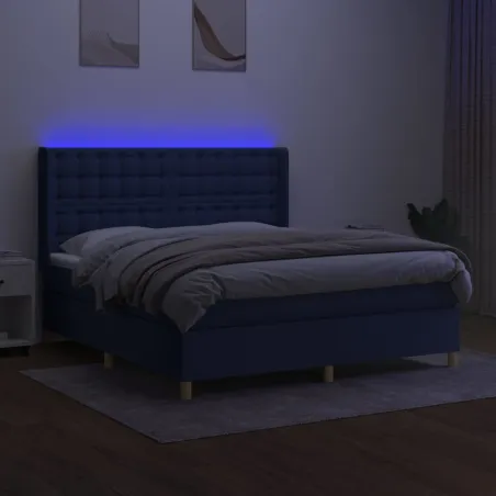 Sommier à lattes de lit matelas et LED Bleu 180x200 cm Tissu