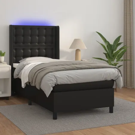 Sommier à lattes de lit matelas LED Noir 100x200cm Similicuir