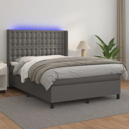 Sommier à lattes de lit matelas LED Gris 140x190cm Similicuir
