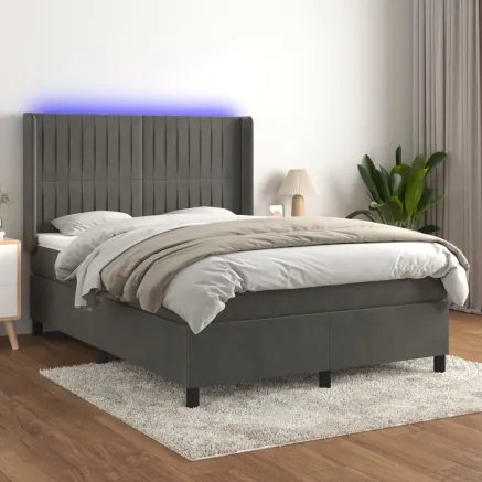 Sommier à lattes de lit matelas et LED Gris foncé 140x190 cm