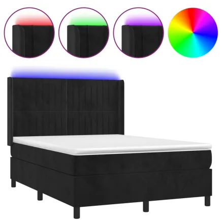 Sommier à lattes de lit matelas et LED Noir 140x190 cm Velours 2