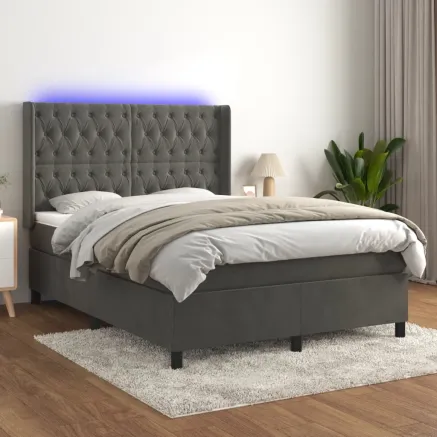 Sommier à lattes de lit matelas et LED Gris foncé 140x190 cm